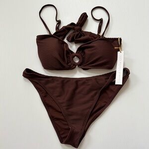House of Harlow Bandeau Bikini XL Chocolate Brown Removable Straps Ribbed NWT